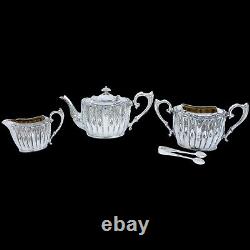 Antique Victorian silver plated gilt coffee tea set, sugar tongs oval flute form