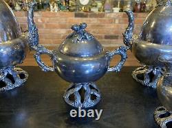 Antique Vintage Silver Plated Coffee Tea Pot 5 Piece Set, Acorns Tree Trunk Base