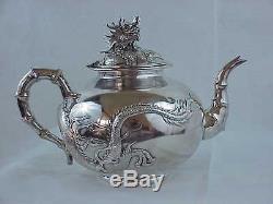 Antique WANG HING Silver Chinese Export Dragon Pearl 1420 Gram 4 Piece Tea Set