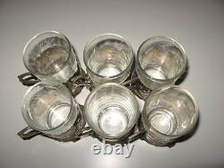 Antique old vintage persian silver tea set of 6 floral design cup with glass