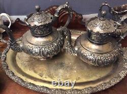 Antique ornate meridien britannia tea coffee set quadruple plate repousse