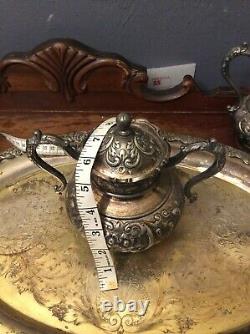 Antique ornate meridien britannia tea coffee set quadruple plate repousse