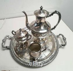 Antique vintage silver plate 4 piece tea set. Teapot, Sugar bowl, Creamer, Tray