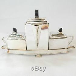 Art Deco Silver-Plated Architectural Ebonised Wood Tea Coffee Set