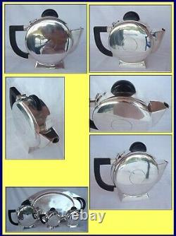 Art Deco Teaset Tray Teapot Milk Jug Sugar Bowl Silver Plate Bakelite (3951)