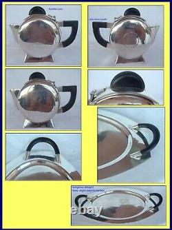 Art Deco Teaset Tray Teapot Milk Jug Sugar Bowl Silver Plate Bakelite (3951)
