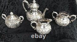 Barbour Silver Co. Tea Set Quadrupule Silver Embossed Sugar Bowls Creamer Teapot