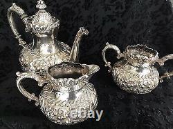 Barbour Silver Co. Tea Set Quadrupule Silver Embossed Sugar Bowls Creamer Teapot