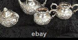 Barbour Silver Co. Tea Set Quadrupule Silver Embossed Sugar Bowls Creamer Teapot