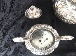 Barbour Silver Co. Tea Set Quadrupule Silver Embossed Sugar Bowls Creamer Teapot