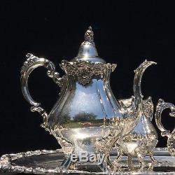 Baroque By Wallace Silverplated Tea Set Coffee, Tea, Sugar, Creamer, Tray