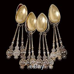 Bruckmann & Söhne Sterling Silver Gold Tea Coffee Spoons Set 12 pc, Doves