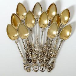 Bruckmann & Söhne Sterling Silver Gold Tea Coffee Spoons Set 12 pc, Doves