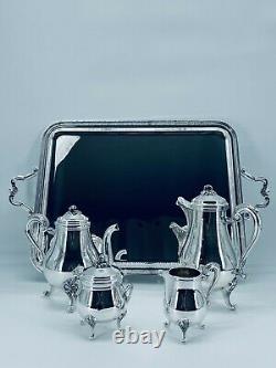 CHRISTOFLE MARLY Silver Plate Tea Coffee set Louis XV 5 Pcs Large Tray PERFECT