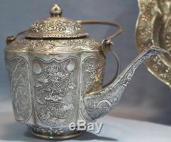 Chinese 900 Silver Repousse Tea Set Pot Cups Tray Dragon Bamboo Motif Circa 1920