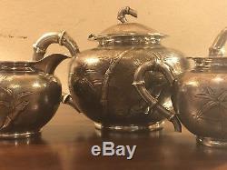 Chinese Export Silver Bamboo Tea Set Teapot, Creamer & Sugar