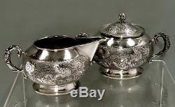Chinese Export Silver Dragon Tea Set c1890 SIGNED