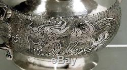 Chinese Export Silver Dragon Tea Set c1890 SIGNED