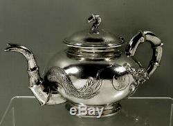 Chinese Export Silver Dragon Tea Set c1890 Tuckchang