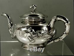 Chinese Export Silver Dragon Tea Set c1890 Tuckchang