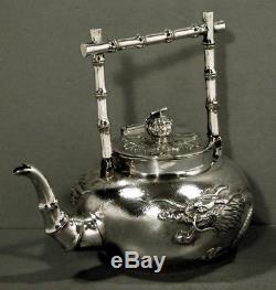 Chinese Export Silver Tea Set DRAGONS c1875 HUNG CHONG