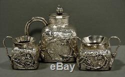 Chinese Export Silver Tea Set FLOWERING PRUNUS & HAMMERED SIGNED