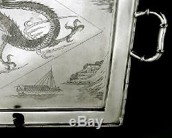 Chinese Export Silver Tea Set Tray Dragon & Castle 82 Oz