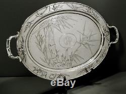 Chinese Export Silver Tea Set Tray c1890 SIGNED HAND DECORATED