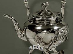 Chinese Export Silver Tea Set c1890 DRAGON TEA KETTLE LUENWO 48 OZ