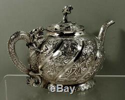 Chinese Export Silver Tea Set c1890 Dragon Handles & Spout