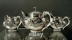 Chinese Export Silver Tea Set c1890 Signed Dragon & Pearl