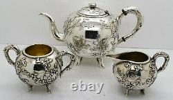 Chinese Export solid silver TEA SET. APPLIED PLUM BLOSSOM BRANCH. Luen Hing 1890
