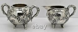 Chinese Export solid silver TEA SET. APPLIED PLUM BLOSSOM BRANCH. Luen Hing 1890