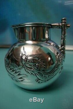 Chinese Sterling silver oriental dragon tea set hallmarked pot sugar bowl jug