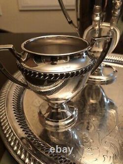 Coffee Tea Set with Tray Gadroon Edge Vintage FBR1400 F B Rogers Silver 4 Piece