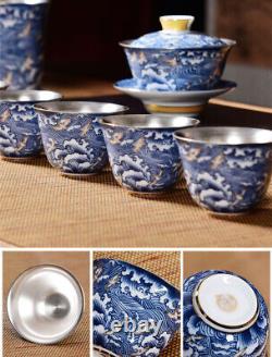 Complete Tea Set Pure Silver Tea Pot With Handle Porcelain Gaiwan Matching Cup