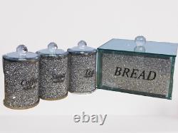 Crushed Diamond Bread Bin Storage Canisters Set Tea Coffee Sugar Crystal Silver