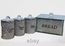 Crushed Diamond Bread Bin Storage Canisters Set Tea Coffee Sugar Crystal Silver