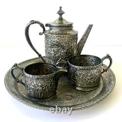 Derby SP Repousse Tea Set 4 Piece Silver Plated Tray Teapot Creamer Sugar 1930's