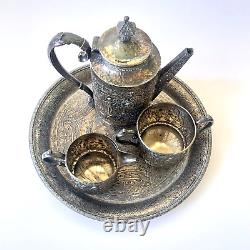 Derby SP Repousse Tea Set 4 Piece Silver Plated Tray Teapot Creamer Sugar 1930's