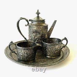 Derby SP Repousse Tea Set 4 Piece Silver Plated Tray Teapot Creamer Sugar 1930's