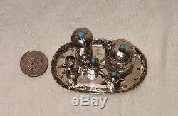 Dollhouse Miniature STERLING Silver Turquoise Tea Set Navajo signed E. M. W. 11 pc