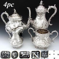 EXQ Antique English Sterling Silver & SP 4pc Coffee & Tea Set, Figural Mascarons