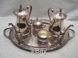 Early Silver on Copper Plated Coffee/Tea Service Set Tea Pot Sugar Creamer Tray