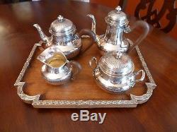 Emile Puiforcat Sterling Silver Louis XVI Bachelor Tea Coffee Set & Tray Marrett