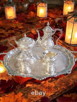 English Antique Silver Plated Tea & Coffee Service with Tray, Coffee/Tea Set