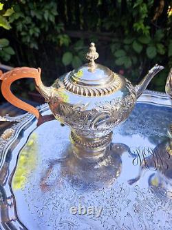 English Antique Silver Plated Tea & Coffee Service with Tray, Coffee/Tea Set