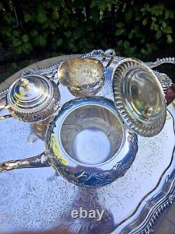 English Antique Silver Plated Tea & Coffee Service with Tray, Coffee/Tea Set