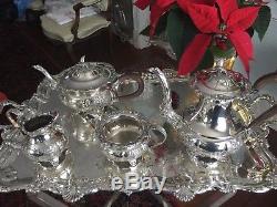 English Sheffield Silver Plate Coffee & Tea Set N. Wind Mask Theme afterBarker