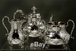 English Sterling Silver Tea Set 1866 GOTHIC REVIVAL 52 OZ